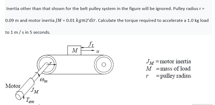 Inertia other than that shown for the belt pulley system in the figure will be ignored. Pulley radius r =
0.09 m and motor inertia JM = 0.01 kgm2'dir. Calculate the torque required to accelerate a 1.0 kg load
to 1 m/s in 5 seconds.
M
JM =motor inertia
M =mass of load
r =pulley radius
Om
Motor
JM
Tem
