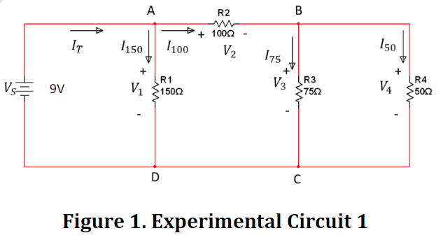 Vs 9V
IT
A
1150 1100
V₁
R1
150Ω
D
R2
www
+ 1000
V₂
175
V3
B
R3
-7502
C
Figure 1. Experimental Circuit 1
150
V4
R4
5002