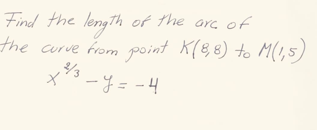 Find the length of the are of
the
e curve from point K(8,8) to M(!,5,
-Y= -4
