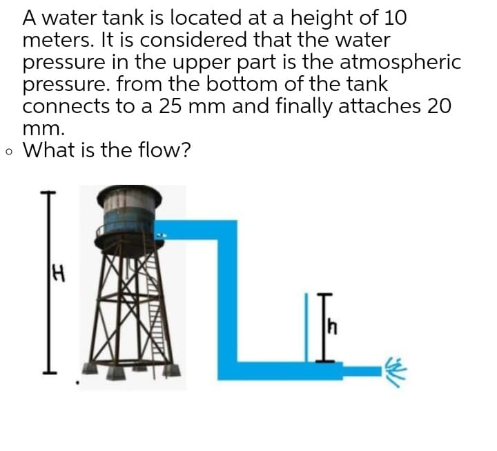 A water tank is located at a height of 10
meters. It is considered that the water
pressure in the upper part is the atmospheric
pressure. from the bottom of the tank
connects to a 25 mm and finally attaches 20
mm.
o What is the flow?
