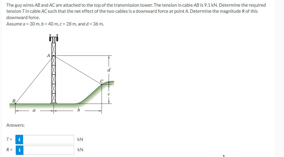 The guy wires AB and AC are attached to the top of the transmission tower. The tension in cable AB is 9.1 kN. Determine the required
tension Tin cable AC such that the net effect of the two cables is a downward force at point A. Determine the magnitude R of this
downward force.
Assume a = 30 m, b = 40 m, c = 28 m, and d = 36 m.
d
B
Answers:
T=
i
8
R=
a
b
KN
KN