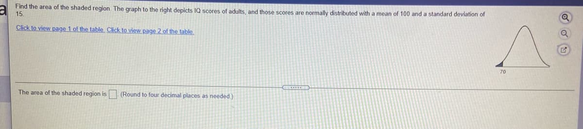 Find the area of the shaded region. The graph to the right depicts IQ scores of adults, and those scores are normally distributed with a mean of 100 and a standard deviation of
15.
Click to view page 1 of the table. Click to view page 2 of the table
70
The area of the shaded region is (Round to four decimal places as needed.)
