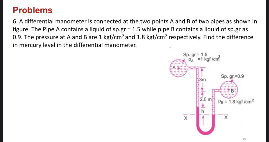Problems
6. A differential manometer is connected at the two points A and B of two pipes as shown in
figure. The Pipe A contains a liquid of sp.gr = 1.5 while pipe B contains a liquid of sp.gr as
0.9. The pressure at A and B are 1 kgf/cm² and 1.8 kgf/cm? respectively. Find the difference
in mercury level in the differential manometer.
Sp. gr.= 1.5
PA =1 kgf /cm
Sp. gr.=0.9
3m
2.0 ml
PB = 1.8 kgf /cm2
X.
19
