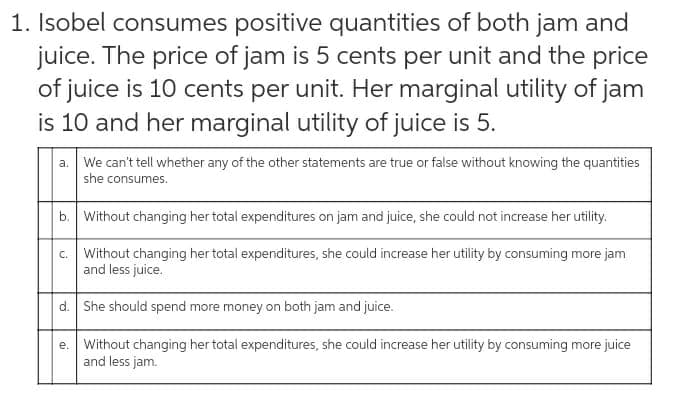 1. Isobel consumes positive quantities of both jam and
juice. The price of jam is 5 cents per unit and the price
of juice is 10 cents per unit. Her marginal utility of jam
is 10 and her marginal utility of juice is 5.
a. We can't tell whether any of the other statements are true or false without knowing the quantities
she consumes.
b. Without changing her total expenditures on jam and juice, she could not increase her utility.
c. Without changing her total expenditures, she could increase her utility by consuming more jam
and less juice.
d. She should spend more money on both jam and juice.
e. Without changing her total expenditures, she could increase her utility by consuming more juice
and less jam.
