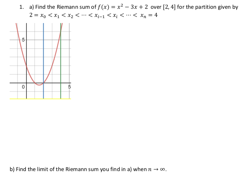 1. a) Find the Riemann sum of f (x) = x² – 3x + 2 over [2, 4] for the partition given by
2 = xo < x1 < x2 < .…< xi-1 < x¡ < •…< xn = 4
%3D
-5
5
b) Find the limit of the Riemann sum you find in a) when n → 0.
