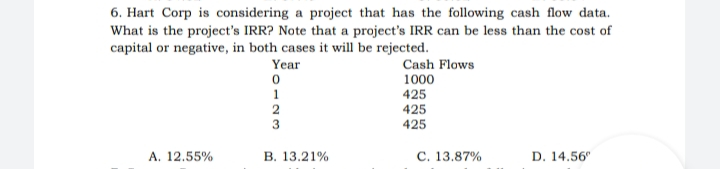 6. Hart Corp is considering a project that has the following cash flow data.
What is the project's IRR? Note that a project's IRR can be less than the cost of
capital or negative, in both cases it will be rejected.
Year
Cash Flows
1000
425
425
1
2
3
425
A. 12.55%
B. 13.21%
C. 13.87%
D. 14.56"
