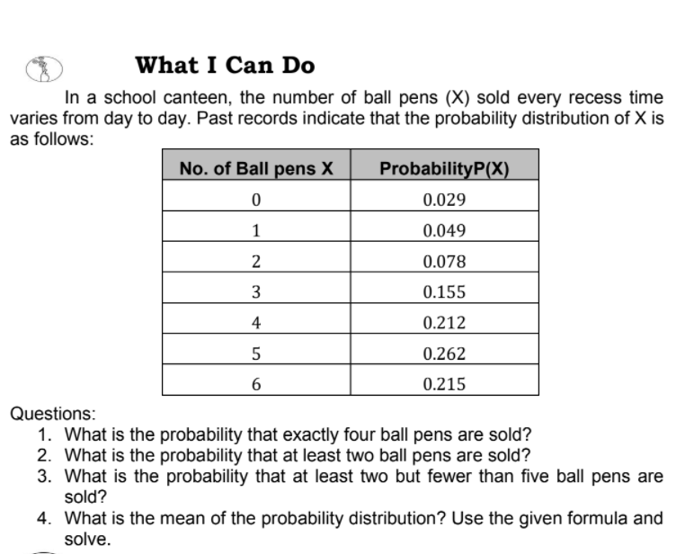 What I Can Do
In a school canteen, the number of ball pens (X) sold every recess time
varies from day to day. Past records indicate that the probability distribution of X is
as follows:
No. of Ball pens X
ProbabilityP(X)
0.029
1
0.049
0.078
0.155
4
0.212
0.262
6
0.215
Questions:
1. What is the probability that exactly four ball pens are sold?
2. What is the probability that at least two ball pens are sold?
3. What is the probability that at least two but fewer than five ball pens are
sold?
4. What is the mean of the probability distribution? Use the given formula and
solve.
