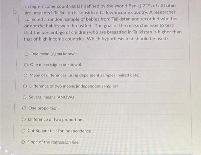 In high-income countries (as defined by the World Bank,) 22% of all babies
are breastfed. Tajikistan is considered a low-income country. A researcher
collected a random sample of babies from Tajikistan and recorded whether
or not the babies were breastfed. The goal of the researcher was to test
that the percentage of children who are breastfed in Tajikistan is higher than
that of high income countries. Which hypothesis test should be used?
O One mean (sigma known)
O One mean (sigma unknown)
O Mean of differences, using dependent samples (paired data).
O Difference of two means (independent samples)
O Several means (ANOVA)
Ở One proportion.
O Difference of two proportions
O Chi-Square test for independence
O Slope of the regression line
