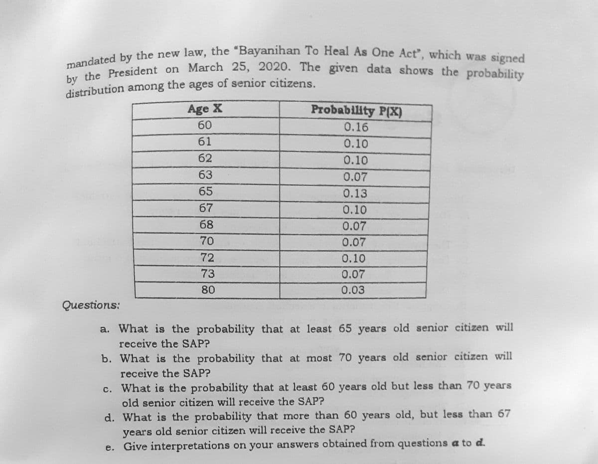 mandated by the new law, the "Bayanihan To Heal As One Act", which was signed
manda President on March 25, 2020. The given data shows the probability
distribution among the ages of senior citizens.
Age X
Probability P(X)
60
0.16
61
0.10
62
0.10
63
0.07
65
0.13
67
0.10
68
0.07
70
0.07
72
0.10
73
0.07
80
0.03
Questions:
a. What is the probability that at least 65 years old senior citizen will
receive the SAP?
b. What is the probability that at most 70 years old senior citizen will
receive the SAP?
c. What is the probability that at least 60 years old but less than 70 years
old senior citizen will receive the SAP?
d. What is the probability that more than 60 years old, but less than 67
years old senior citizen will receive the SAP?
e. Give interpretations on your answers obtained from questions a to d.
