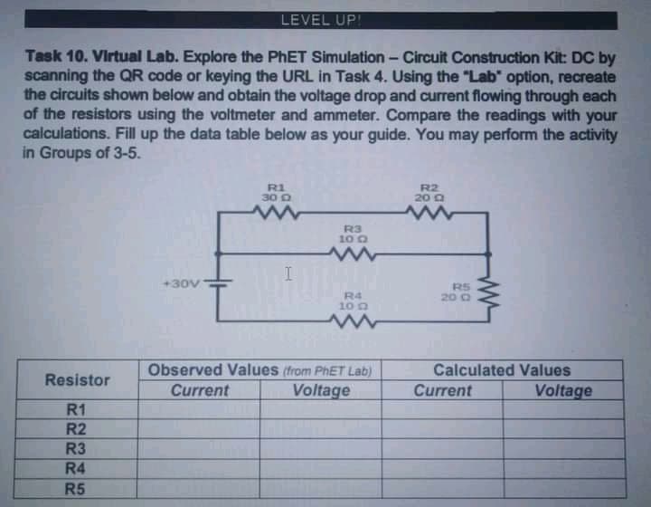 LEVEL UP!
Task 10. Virtual Lab. Explore the PHET Simulation - Circuit Construction Kit: DC by
scanning the QR code or keying the URL in Task 4. Using the "Lab" option, recreate
the circuits shown below and obtain the voltage drop and current flowing through each
of the resistors using the voltmeter and ammeter. Compare the readings with your
calculations. Fill up the data table below as your guide. You may perform the activity
in Groups of 3-5.
R1
30 0
R2
20 a
R3
10 0
+30V
R4
10 0
20 Q
Observed Values (from PHET Lab)
Calculated Values
Resistor
Current
Voltage
Current
Voltage
R1
R2
R3
R4
R5

