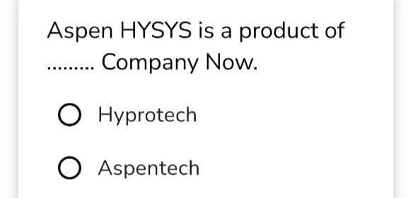 Aspen HYSYS is a product of
Company Now.
O Hyprotech
O Aspentech
