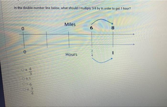 In the double-number line below, what should I multiply 3/4 by in order to get 1 hour?
Miles
6.
8.
3
Hours
1
O a. 4
Ob.1
d. 3
4
