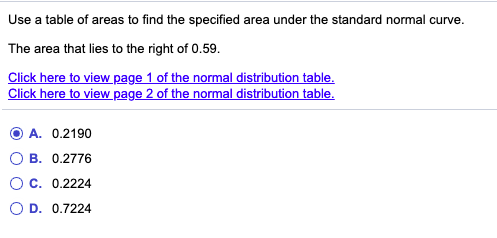 Use a table of areas to find the specified area under the standard normal curve.
I area
The area that lies to the right of 0.59.
Click here to view page 1 of the normal distribution table.
Click here to view page 2 of the normal distribution table.
O A. 0.2190
O B. 0.2776
O C. 0.2224
O D. 0.7224
