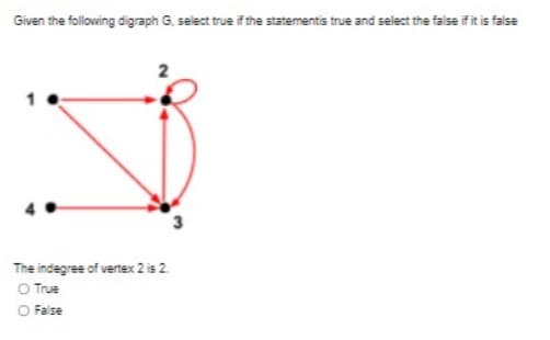 Given the following digraph G, select true if the statementis true and select the false if it is false
The indegree of vertex 2 is 2.
O True
O False
