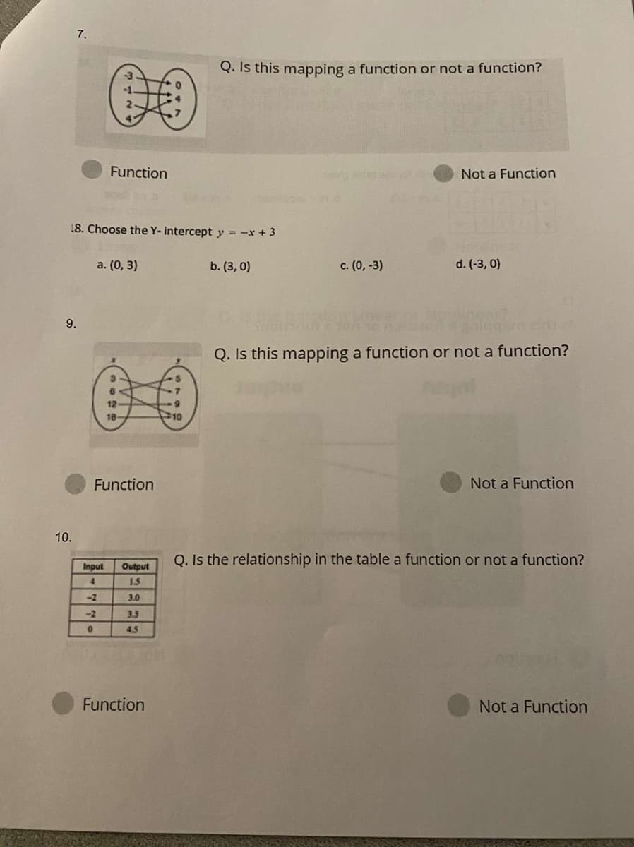 7.
Q. Is this mapping a function or not a function?
Function
Not a Function
18. Choose the Y- intercept y = -x + 3
a. (0, 3)
b. (3, 0)
c. (0, -3)
d. (-3, 0)
9.
Q. Is this mapping a function or not a function?
18-
10
Function
Not a Function
10.
Q. Is the relationship in the table a function or not a function?
Input
Output
4.
15
-2
3.0
-2
3.5
4.5
Function
Not a Function
