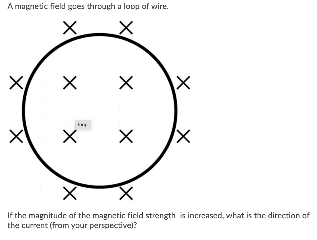 A magnetic field goes through a loop of wire.
loop
If the magnitude of the magnetic field strength is increased, what is the direction of
the current (from your perspective)?
