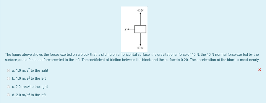 40 N
40 N
The figure above shows the forces exerted on a block that is sliding on a horizontal surface: the gravitational force of 40 N, the 40N normal force exerted by the
surface, and a frictional force exerted to the left. The coefficient of friction between the block and the surface is 0.20. The acceleration of the block is most nearly
a. 1.0 m/s? to the right
O b. 1.0 m/s? to the left
O c. 2.0 m/s? to the right
O d. 2.0 m/s? to the left

