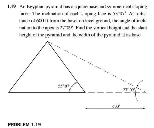 1.19 An Egyptian pyramid has a square base and symmetrical sloping
faces. The inclination of each sloping face is 53°07'. At a dis-
tance of 600 ft from the base, on level ground, the angle of incli-
nation to the apex is 27°09'. Find the vertical height and the slant
height of the pyramid and the width of the pyramid at its base.
53° 07'
27° 09'
600'
PROBLEM 1.19

