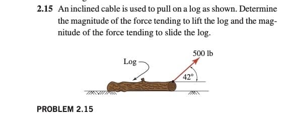 2.15 An inclined cable is used to pull on a log as shown. Determine
the magnitude of the force tending to lift the log and the mag-
nitude of the force tending to slide the log.
500 lb
Log
42°
PROBLEM 2.15
