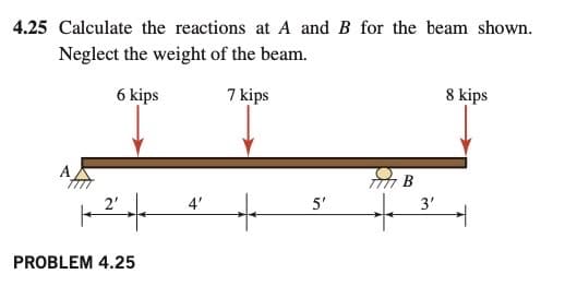 4.25 Calculate the reactions at A and B for the beam shown.
Neglect the weight of the beam.
6 kips
7 kips
8 kips
2'
4'
5'
3'
PROBLEM 4.25

