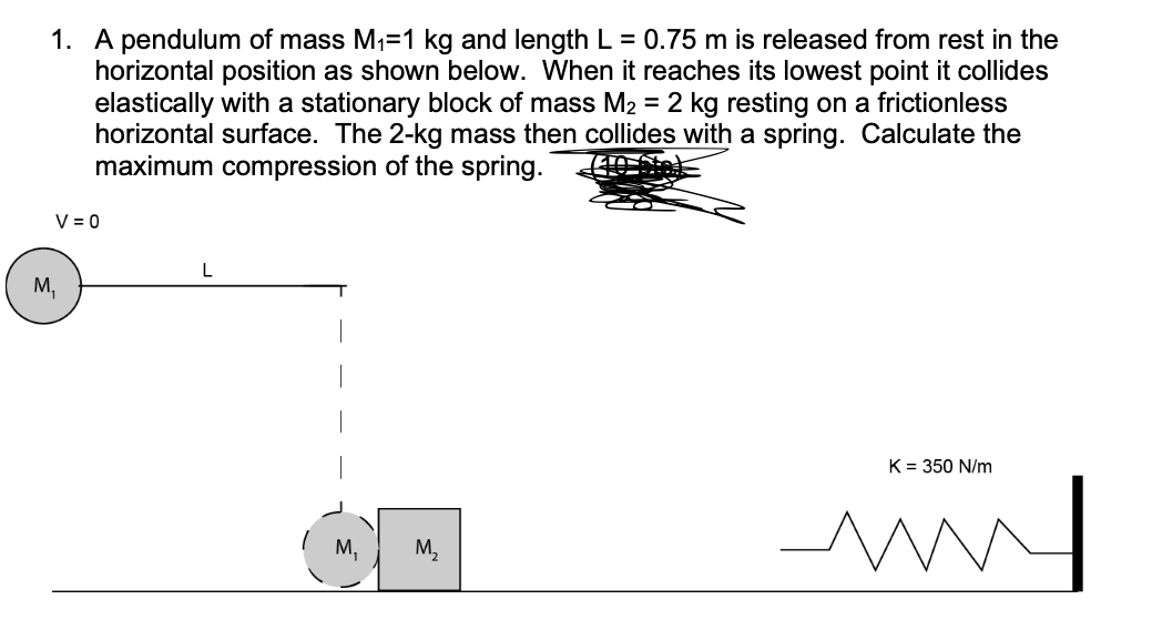 1. A pendulum of mass M₁=1 kg and length L = 0.75 m is released from rest in the
horizontal position as shown below. When it reaches its lowest point it collides
elastically with a stationary block of mass M₂ = 2 kg resting on a frictionless
horizontal surface. The 2-kg mass then collides with a spring. Calculate the
maximum compression of the spring.
V = 0
M₁
L
M₂
K = 350 N/m
N