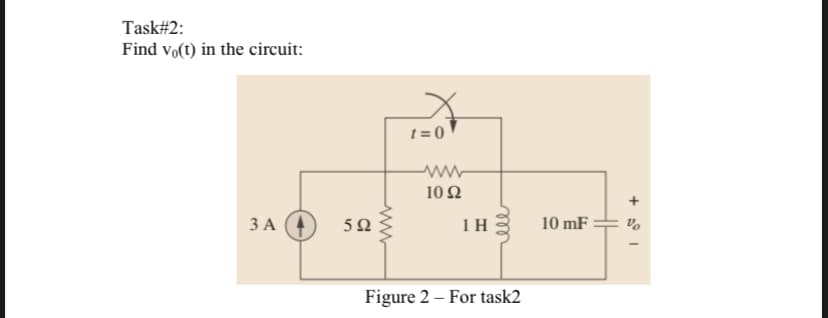 Task#2:
Find vo(t) in the circuit:
t = 0
ww-
10 Ω
+
ЗА
5Ω
1 H
10 mF
Figure 2 – For task2
ll
