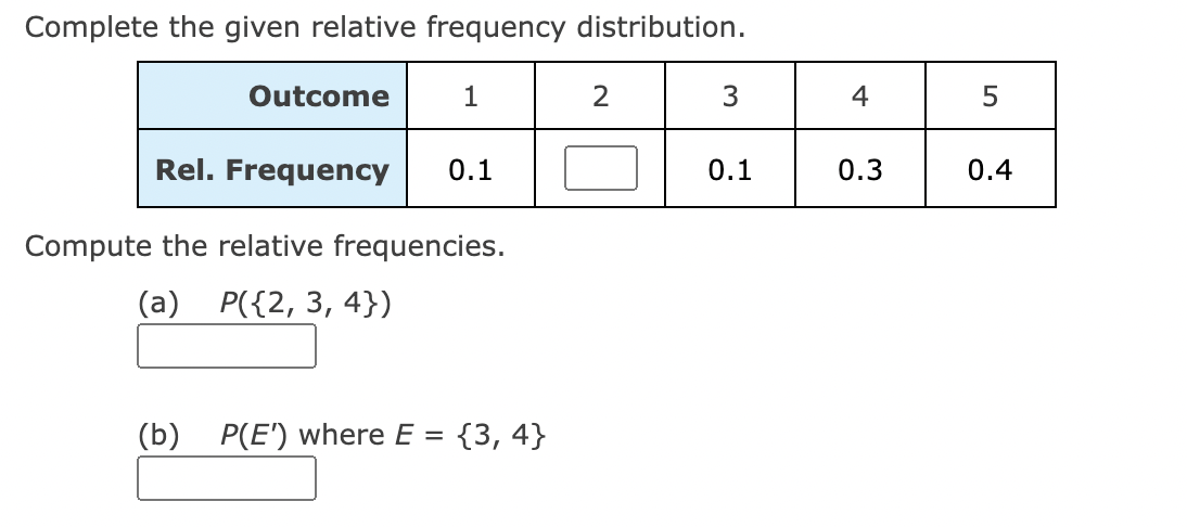 Complete the given relative frequency distribution.
Outcome
1
2
4
5
Rel. Frequency
0.1
0.1
0.3
0.4
Compute the relative frequencies.
(a)
Р({2, 3, 4})
(b)
P(E') where E =
{3, 4}
