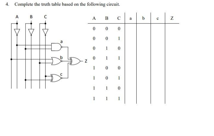4.
Complete the truth table based on the following circuit.
A
в с
a
N
A
0
0
0
0
1
B
1
1
100
1
0
0
0
1
C
1 1
0
1
0
1
1
0
1
a
b
с
N