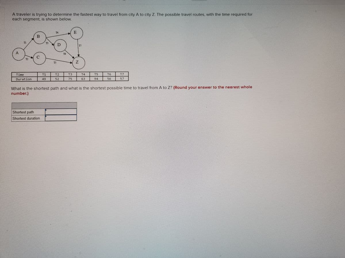 A traveler is trying to determine the fastest way to travel from city A to city Z. The possible travel routes, with the time required for
each segment, is shown below.
T4
T3
T6
T2
TS
Time
T1
T2
T3
T4
T5
T6
T7
Duration
49
52
75
63
56
57
What is the shortest path and what is the shortest possible time to travel from A to Z? (Round your answer to the nearest whole
number.)
Shortest path
Shortest duration
A,
