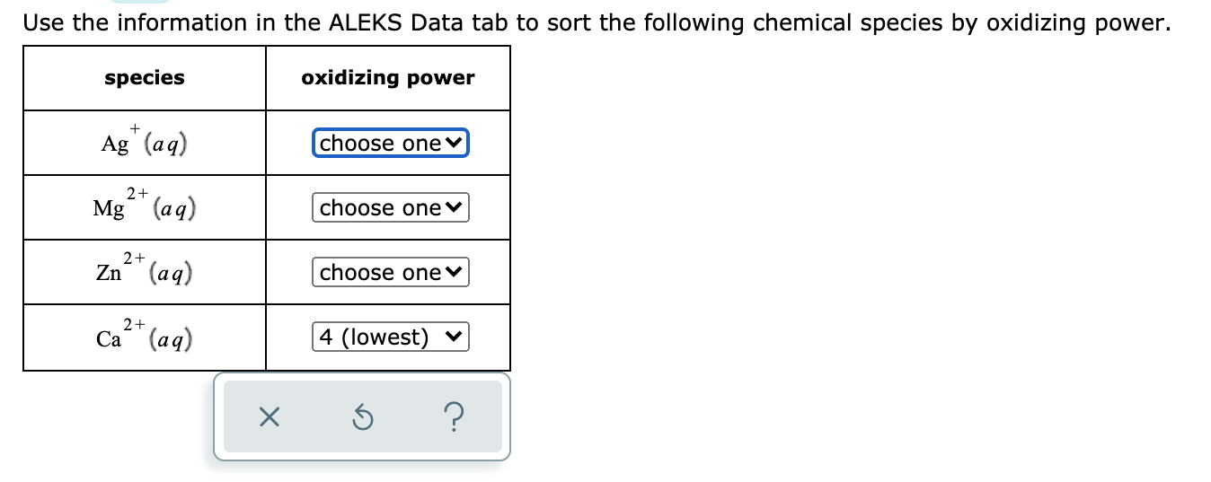 Use the information in the ALEKS Data tab to sort the following chemical species by oxidizing power.
species
oxidizing power
Ag" (aq)
choose one♥
2+
Mg (aq)
choose one♥
2+
Zn (aq)
choose onev
2+
Са (аq)
4 (lowest) v
