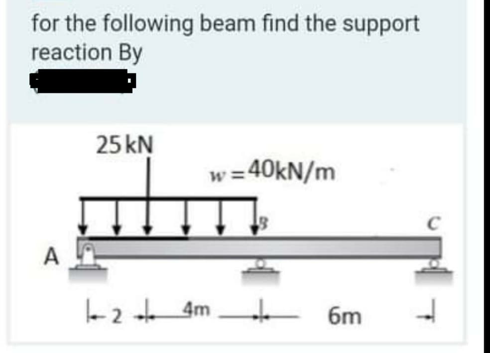 for the following beam find the support
reaction By
25 kN
w =40kN/m
C
A
6m
