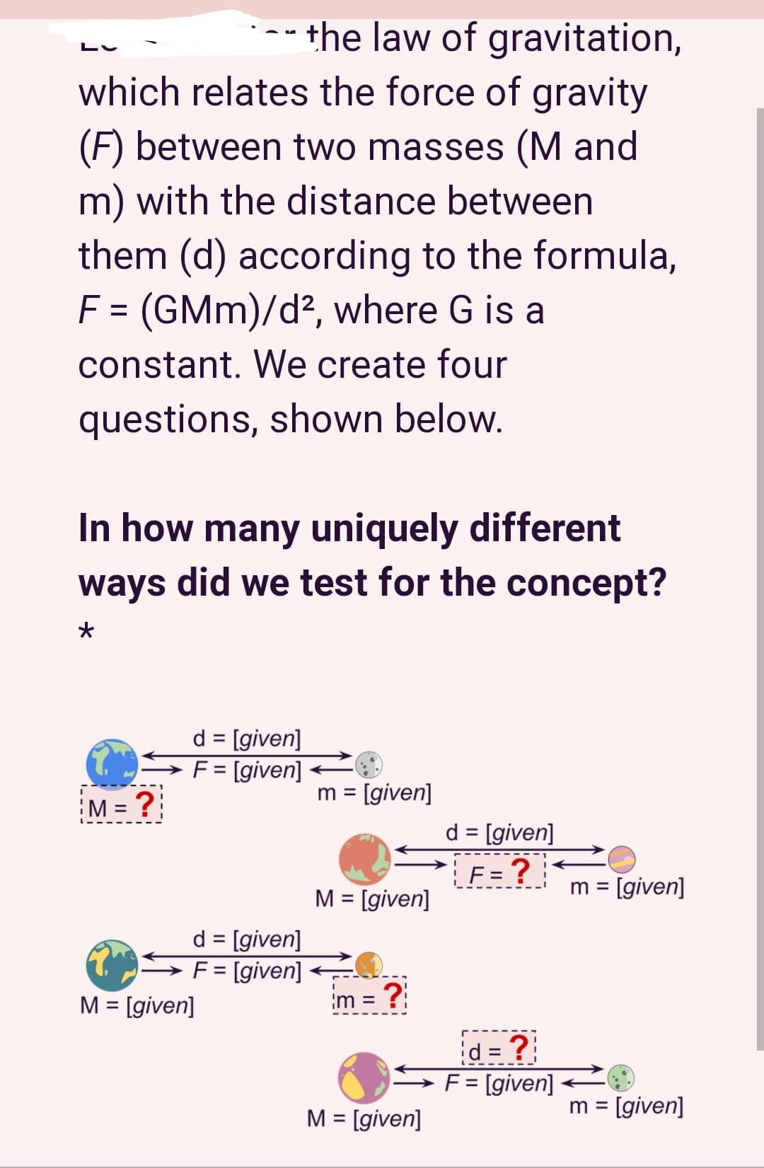 the law of gravitation,
which relates the force of gravity
(F) between two masses (M and
m) with the distance between
them (d) according to the formula,
F = (GMm)/d², where G is a
constant. We create four
questions, shown below.
In how many uniquely different
ways did we test for the concept?
★
d = [given]
F = [given]
m = [given]
M = ?
d = [given]
F = ? ₁
M = [given]
m = [given]
d = [given]
F = [given]
M = [given]
m =
?
M = [given]
m = [given]
I
d = ?
F = [given]