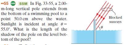 -55 O SSM In Fig. 33-55, a 2.00-
m-long vertical pole extends from
the bottom of a swimming pool to a
point 50.0 cm above the water.
Sunlight is incident at angle e=
Blocked
sunrays
55.0°. What is the length of the
shadow of the pole on the level bot-
tom of the pool?
