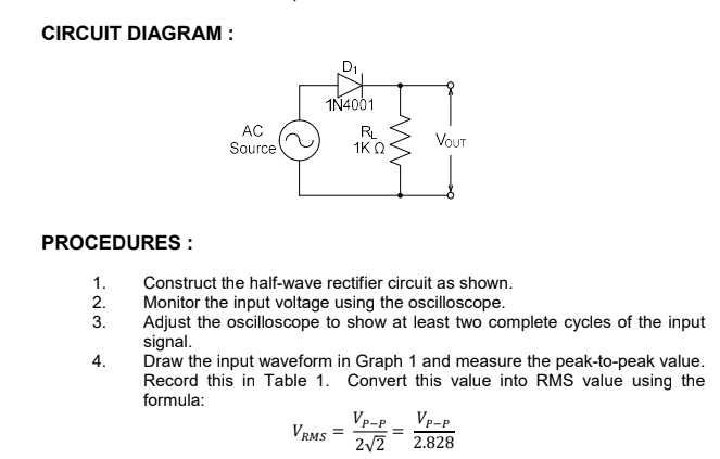 CIRCUIT DIAGRAM :
D1
IÑ4001
AC
Source
RL
1K Q
VOUT
PROCEDURES :
1.
Construct the half-wave rectifier circuit as shown.
2.
Monitor the input voltage using the oscilloscope.
Adjust the oscilloscope to show at least two complete cycles of the input
signal.
Draw the input waveform in Graph 1 and measure the peak-to-peak value.
Record this in Table 1. Convert this value into RMS value using the
formula:
3.
4.
Vp-p
Vp-p
P-P
VRMS
2.828

