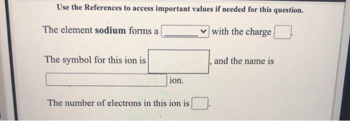 Use the References to access important values if needed for this question.
The element sodium forms a
v with the charge
The symbol for this ion is
and the name is
ion.
The number of electrons in this ion is
