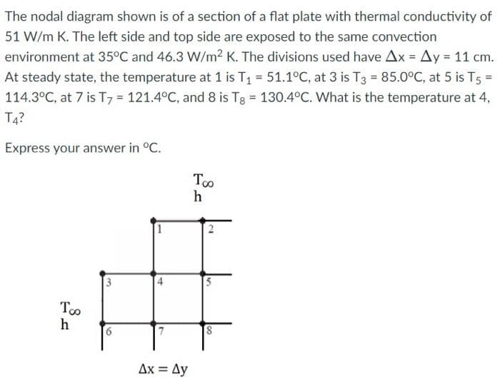 The nodal diagram shown is of a section of a flat plate with thermal conductivity of
51 W/m K. The left side and top side are exposed to the same convection
environment at 35°C and 46.3 W/m² K. The divisions used have Ax = Ay = 11 cm.
At steady state, the temperature at 1 is T₁ = 51.1°C, at 3 is T3 = 85.0°C, at 5 is T5 =
114.3°C, at 7 is T7 = 121.4°C, and 8 is Tg = 130.4°C. What is the temperature at 4,
T4?
Express your answer in °C.
Too
h
8
3
7
Ax = Ay
Too
h
S
8