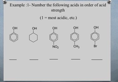 Example :1- Number the following acids in order of acid
strength
(1 = most acidic, etc.)
он
OH
OH
OH
OH
NO2
CH3
Br
