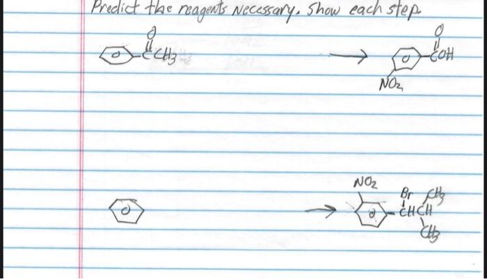 Predict the reagents Necessary. Show each step.
одену
NO₂
NO₂
GOH
Br thy
CHCH
CH