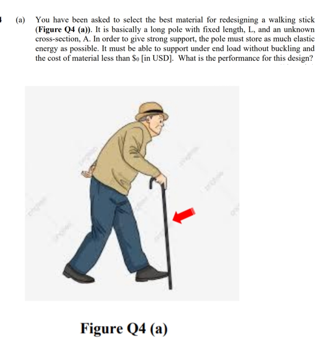 (a)
You have been asked to select the best material for redesigning a walking stick
(Figure Q4 (a)). It is basically a long pole with fixed length, L, and an unknown
cross-section, A. In order to give strong support, the pole must store as much elastic
energy as possible. It must be able to support under end load without buckling and
the cost of material less than $o [in USD]. What is the performance for this design?
Figure Q4 (a)