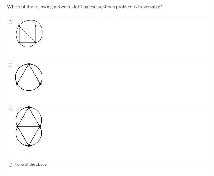 Which of the following networks for Chinese postman problem is traversable?
D
None of the above