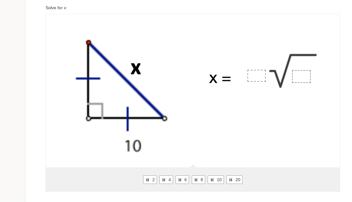 Solve for x:
X
A
10
2
4
6
8
X =
10
20
Ve