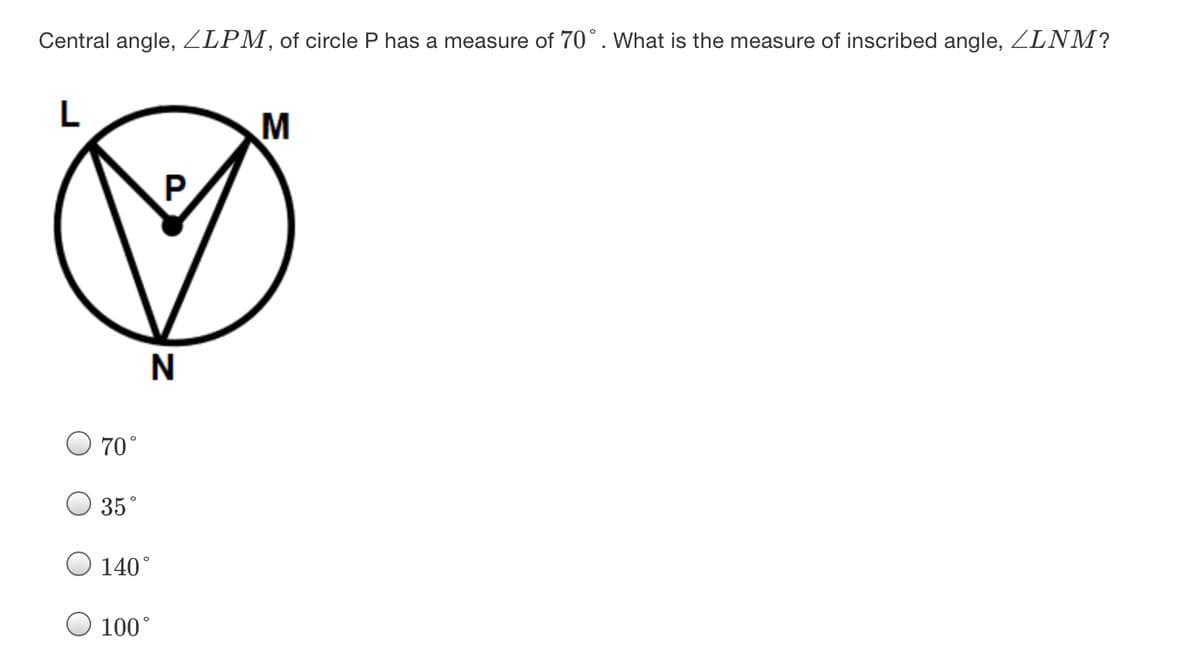 Central angle, ZLPM, of circle P has a measure of 70°. What is the measure of inscribed angle, ZLNM?
70°
35°
140°
100°
