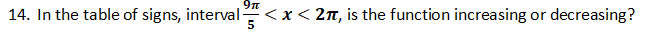 9n
14. In the table of signs, interval <x< 2n, is the function increasing or decreasing?
