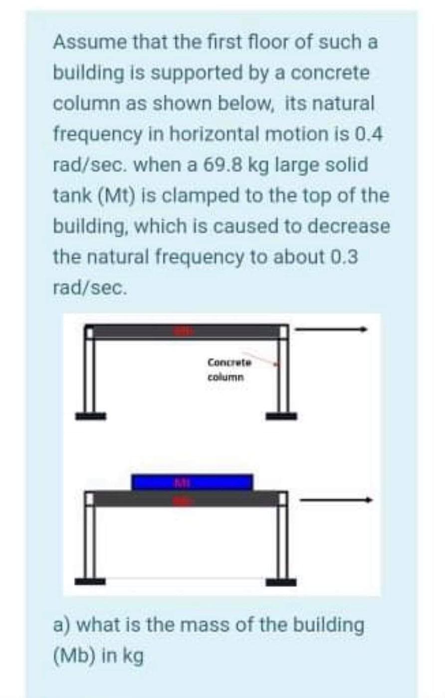 Assume that the first floor of such a
building is supported by a concrete
column as shown below, its natural
frequency in horizontal motion is 0.4
rad/sec. when a 69.8 kg large solid
tank (Mt) is clamped to the top of the
building, which is caused to decrease
the natural frequency to about 0.3
rad/sec.
Concrete
column
a) what is the mass of the building
(Mb) in kg
