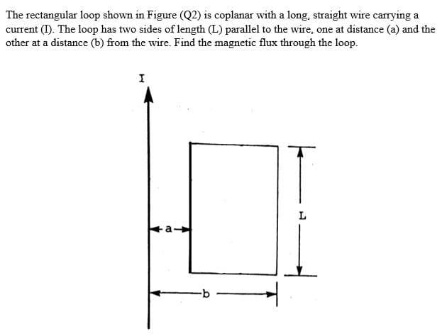 The rectangular loop shown in Figure (Q2) is coplanar with a long, straight wire carrying a
current (I). The loop has two sides of length (L) parallel to the wire, one at distance (a) and the
other at a distance (b) from the wire. Find the magnetic flux through the loop.
I
a
