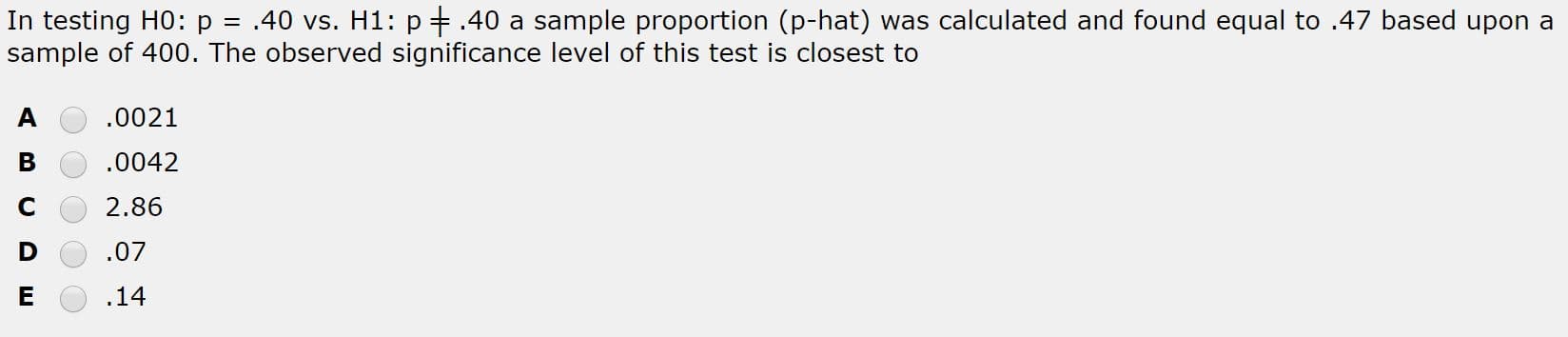 In testing H0: p = .40 vs. H1: p+.40 a sample proportion (p-hat) was calculated and found equal to .47 based upon a
sample of 400. The observed significance level of this test is closest to
.0021
.0042
2.86
.07
.14
ם
