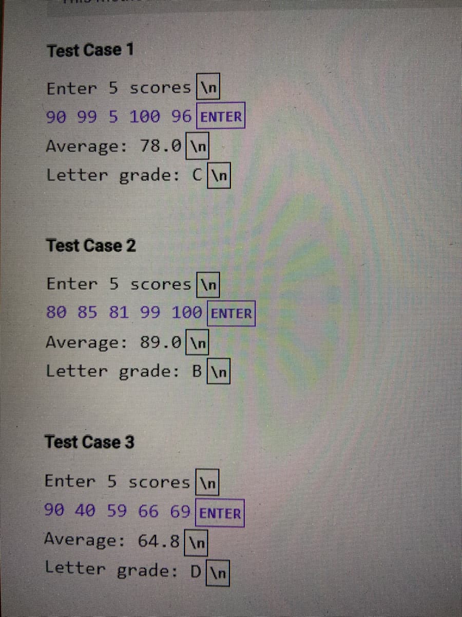 Test Case 1
Enter 5 scores \n
90.99 5 100 96 ENTER
Average: 78.0 \n
Letter grade: C\n
Test Case 2
Enter 5 scores \n
80 85 81 99 100 ENTER
Average: 89.0 \n
Letter grade: B\n
Test Case 3
Enter 5 scores \n|
90 40 59 6669ENTER
Average: 64.8 \n
Letter grade: D\n
