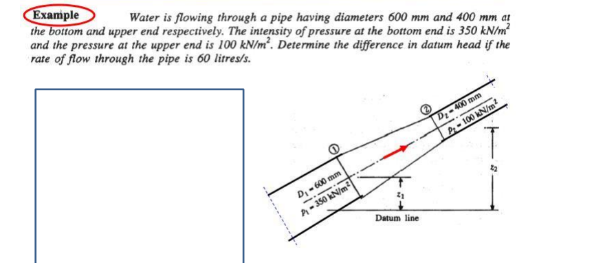 Example
the bottom and upper end respectively. The intensity of pressure at the bottom end is 350 kN/m?
and the pressure at the upper end is 100 kN/m². Determine the difference in datum head if the
rate of flow through the pipe is 60 litres/s.
Water is flowing through a pipe having diameters 600 mm and 400 mm at
D2-400 mm
P-100 kN/m2
D, - 600 mm
P - 350 kN/m2
Datum line
