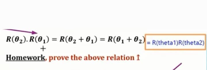 R(82). R(0,) = R(82 + 01) = R(81 +02) = R(theta1)R(theta2)
Homework, prove the above relation ↑
