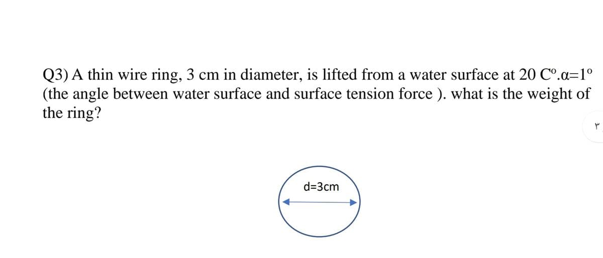 Q3) A thin wire ring, 3 cm in diameter, is lifted from a water surface at 20 C°.a=1°
(the angle between water surface and surface tension force ). what is the weight of
the ring?
d=3cm

